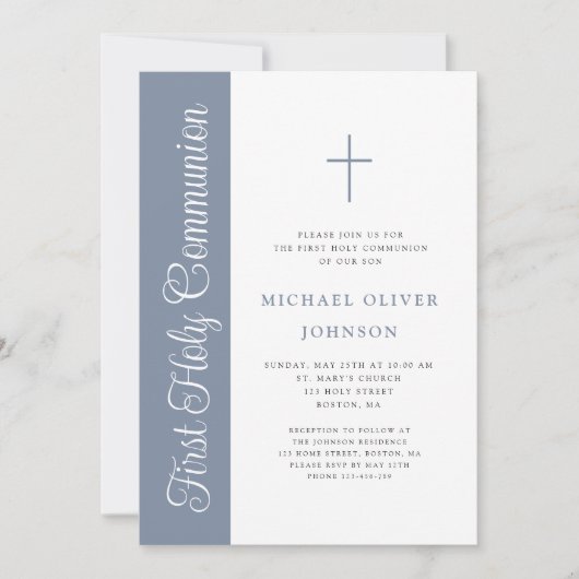 Elegant Dusty Blue Script Boy First Communion Invi Kaart (Voorkant)