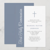 Elegant Dusty Blue Script Boy First Communion Invi Kaart (Voorkant / Achterkant)