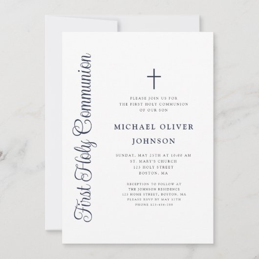 Elegant Dusty Blue Script Boy First Communion Kaart (Voorkant)