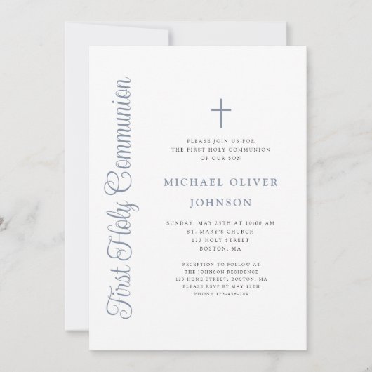 Elegant Dusty Blue Script Boy First Communion Kaart (Voorkant)