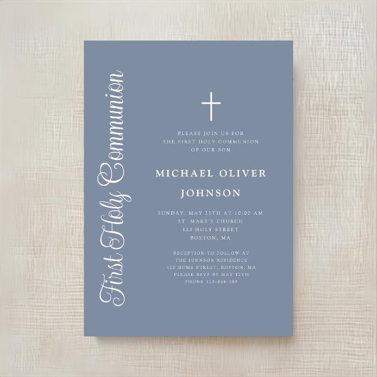 Elegant Dusty Blue Script Boy First Communion Kaart