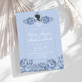Elegant Dusty Blue Script Bridgerton bruiloft Kaart