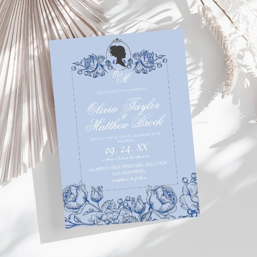 Elegant Dusty Blue Script Bridgerton bruiloft Kaart