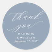 Elegant Dusty Blue Script bruiloft dank u Ronde Sticker (Voorkant)