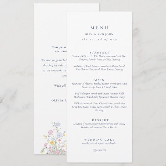 Elegant dusty Blue Script Double Side Wedding  Menu (Voorkant / Achterkant)
