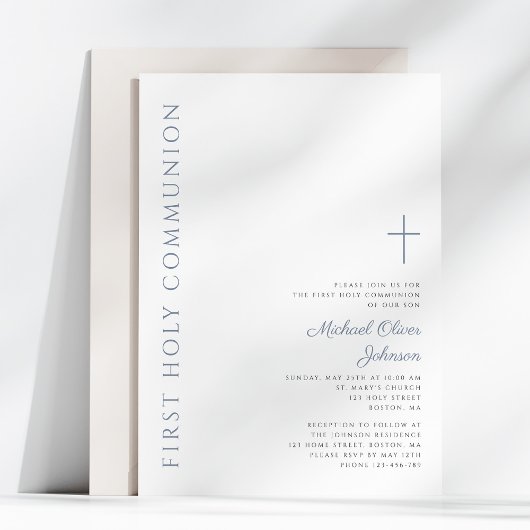 Elegant Dusty Blue Script Eerste Heilige Communie Kaart