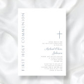 Elegant Dusty Blue Script Eerste Heilige Communie Kaart