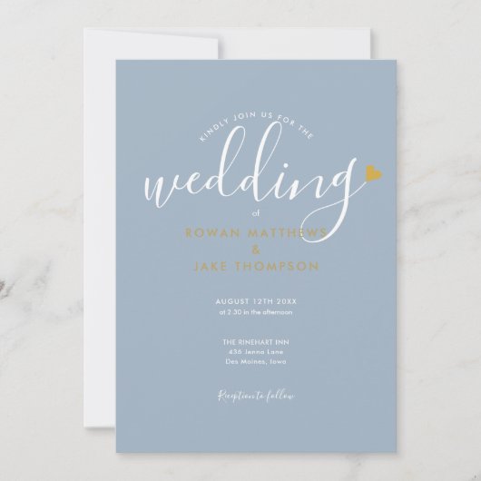 Elegant Dusty Blue Script Gold Heart Weddenschap Kaart (Voorkant)
