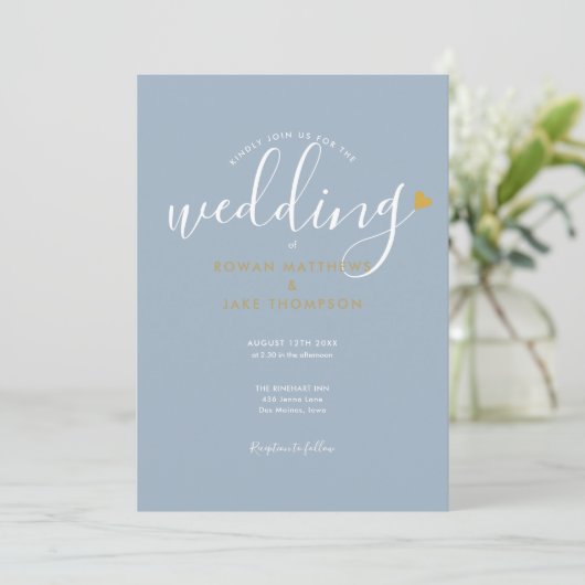 Elegant Dusty Blue Script Gold Heart Weddenschap Kaart (Staand voorkant)