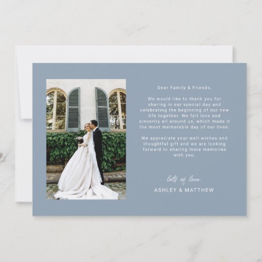 Elegant Dusty Blue Script Heart Photo Weddenschap Bedankkaart (Achterkant)