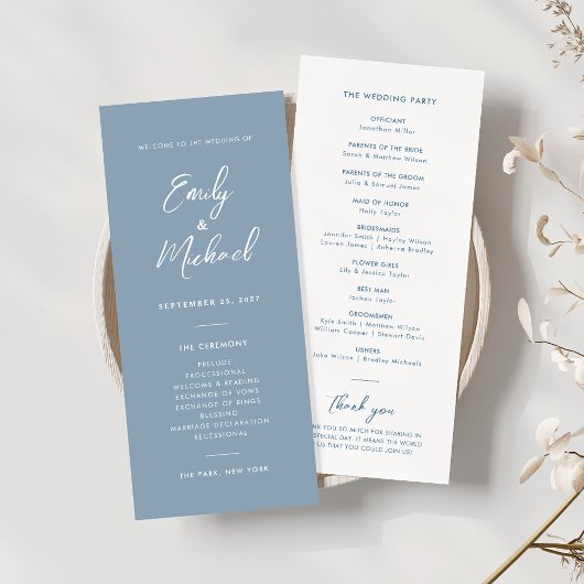 Elegant Dusty Blue Script minimaal bruiloft progra Kaart