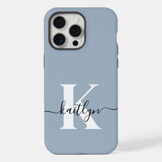 Elegant Dusty Blue Script Monogram iPhone Hoesje (Achterkant)