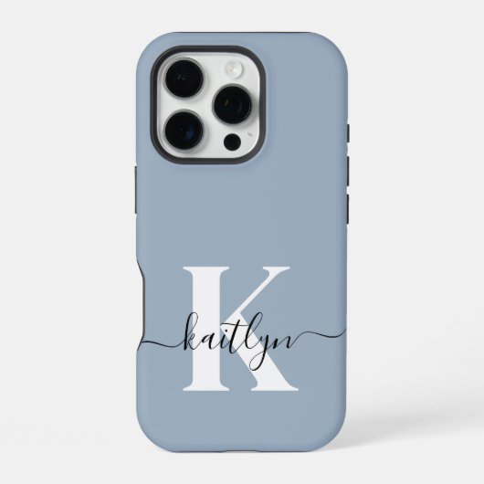 Elegant Dusty Blue Script Monogram iPhone Hoesje (Achterkant)