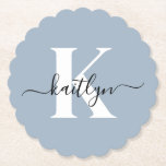 Elegant Dusty Blue Script Monogram Kartonnen Onderzetters<br><div class="desc">Deze eenvoudige, elegante, stoffige, blauwe ronde papieren onderzetters met gecanneleerde randpapier met uw voornaam in een trendy schrift in zwart en uw eerste initiaal in een modern petten lettertype in wit zijn ideaal om uw tafels en tellers vrij te houden van waterringen. Ze absorberen druppels, zodat u zich geen zorgen...</div>