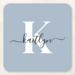 Elegant Dusty Blue Script Monogram Kartonnen Onderzetters<br><div class="desc">Deze eenvoudige, elegante, stoffige blauw vierkante papieren onderzetters met uw voornaam in een trendy schrift lettertype in zwart en uw eerste initiaal in een modern petten lettertype in wit zijn ideaal om uw tafels en tellers vrij te houden van waterringen. Ze absorberen druppels, zodat u zich geen zorgen hoeft te...</div>