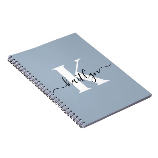 Elegant Dusty Blue Script Monogram Notitieboek (Rechterzijde)