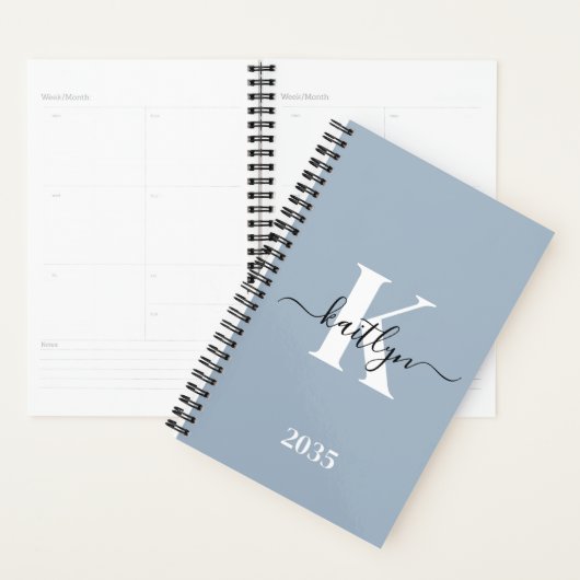 Elegant Dusty Blue Script Monogram Planner (Display)