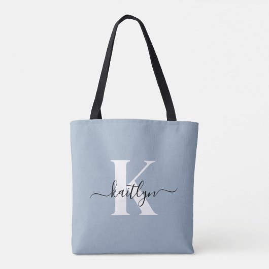 Elegant Dusty Blue Script Monogram Tote Bag (Achterkant)