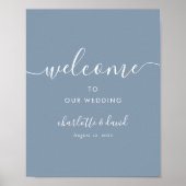 Elegant Dusty Blue Script Weddenschap Welkomstteke Poster (Voorkant)