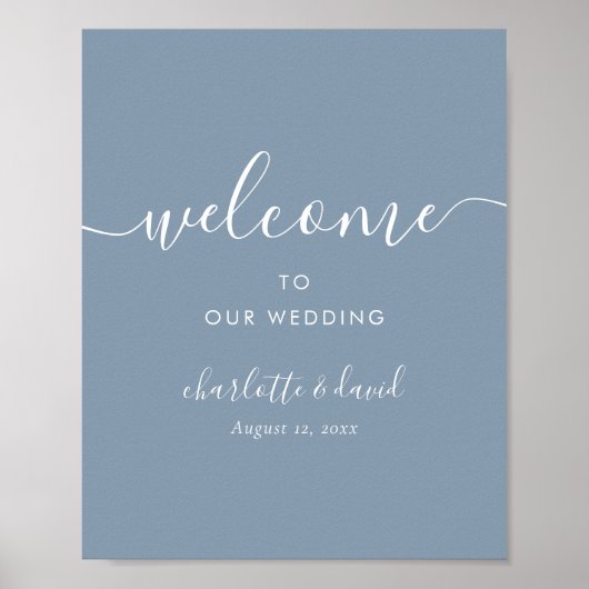 Elegant Dusty Blue Script Weddenschap Welkomstteke Poster (Voorkant)
