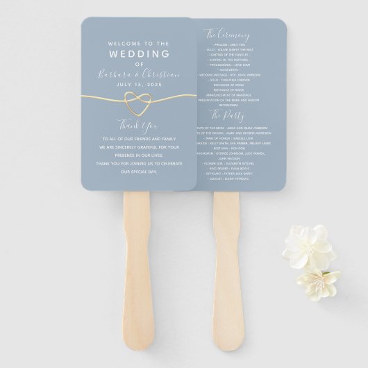 Elegant Dusty Blue Script Wedding Program Hand Fan Handwaaier (Voorkant en achterkant)