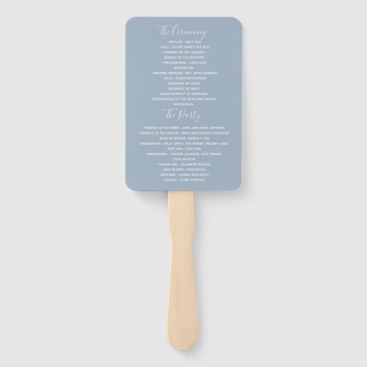 Elegant Dusty Blue Script Wedding Program Hand Fan Handwaaier (Achterkant)