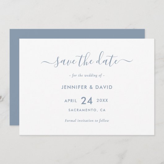 Elegant Dusty Blue Script Wedding Save the Date (Voorkant / Achterkant)