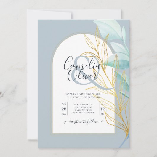 Elegant Dusty Blue SeaGlass Gold Leaf Arch Wedding Kaart (Voorkant)