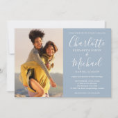 Elegant Dusty Blue Signature Script Photos Wedding Kaart (Voorkant)