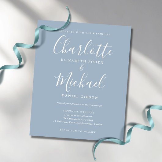 Elegant Dusty Blue Signature Wedding Invitation Kaart