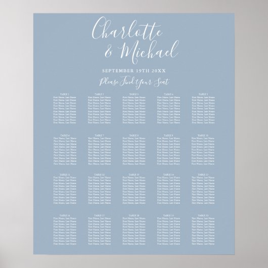 Elegant Dusty Blue Signature Wedding Seding Chart Poster (Voorkant)