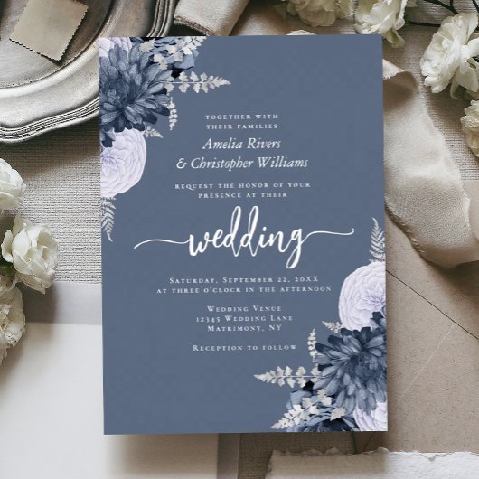 Elegant Dusty Blue Silver Floral Wedding Folie Uitnodiging