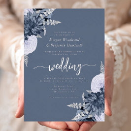 Elegant Dusty Blue Silver Floral Wedding Folie Uitnodiging