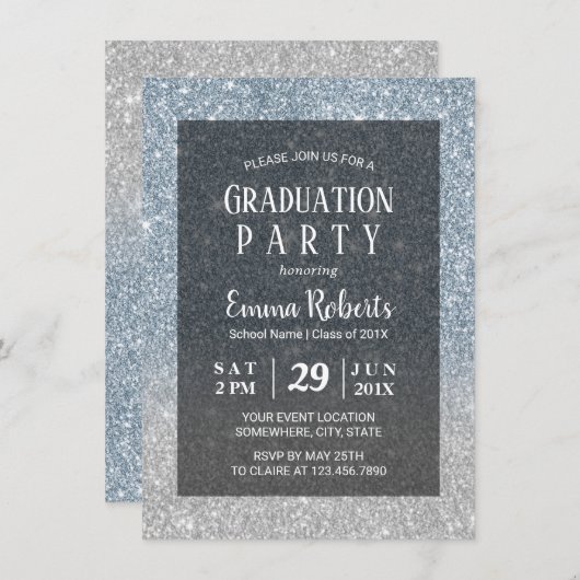 Elegant Dusty Blue & Silver Glitter Afstuderen Kaart (Voorkant / Achterkant)