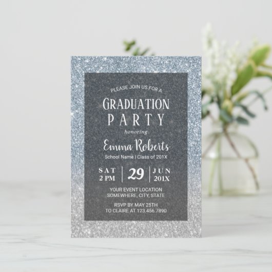 Elegant Dusty Blue & Silver Glitter Afstuderen Kaart (Staand voorkant)