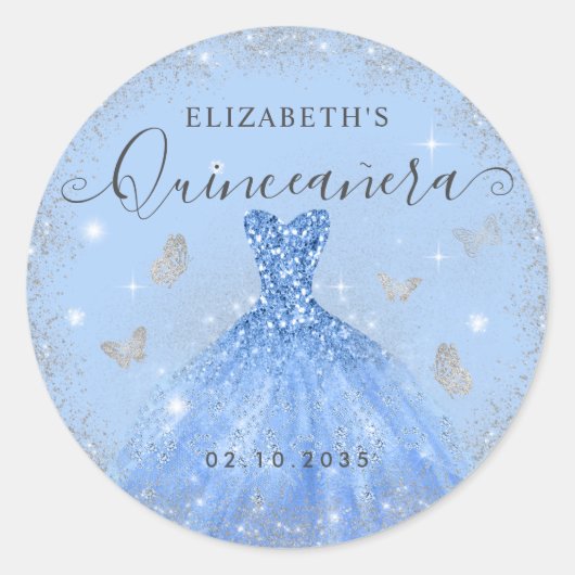 Elegant Dusty Blue Silver Glitter Gown Quinceañera Ronde Sticker (Voorkant)