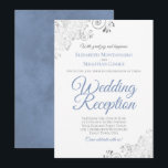 Elegant Dusty Blue & Silver Wedding Reception Kaart<br><div class="desc">These beautiful wedding reception invitations feature a simple yet elegant design with dusty blue script lettering and silver faux foil curls and swirls in the corners. The design is posh,  elegant and classy. Perfect way to invite your friends and family to join in your wedding celebration!</div>