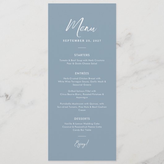 Elegant Dusty Blue Simple Calligraphy Wedding Menu (Voorkant)