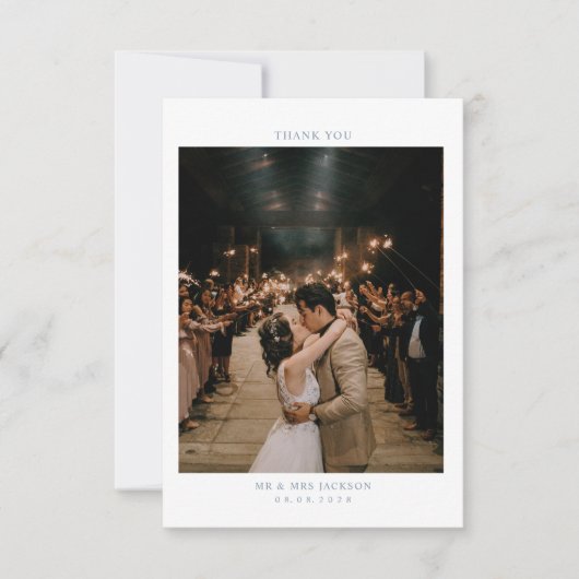 Elegant Dusty Blue Simple hart met foto Weddenscha Bedankkaart (Voorkant)