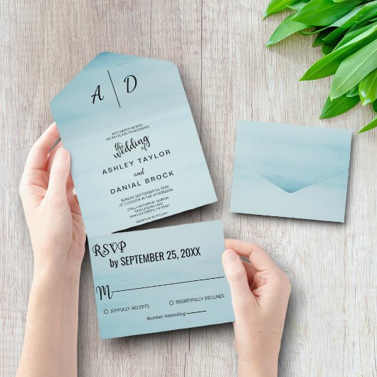 Elegant dusty blue sky All-in-One Wedding Invite All In One Uitnodiging
