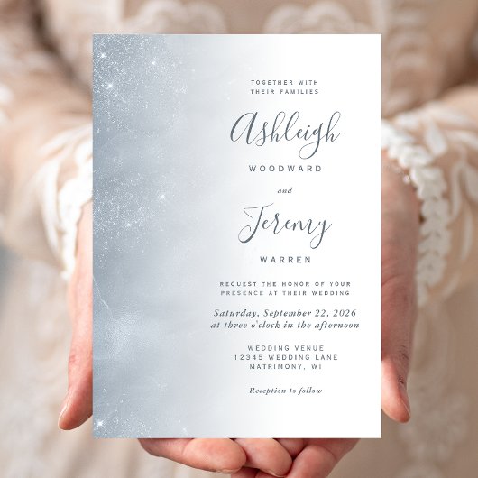 Elegant Dusty Blue Soft Sparkle Wedding Invitation Kaart