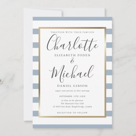 Elegant Dusty Blue Stripe Script Photo Weddenschap Kaart (Voorkant)