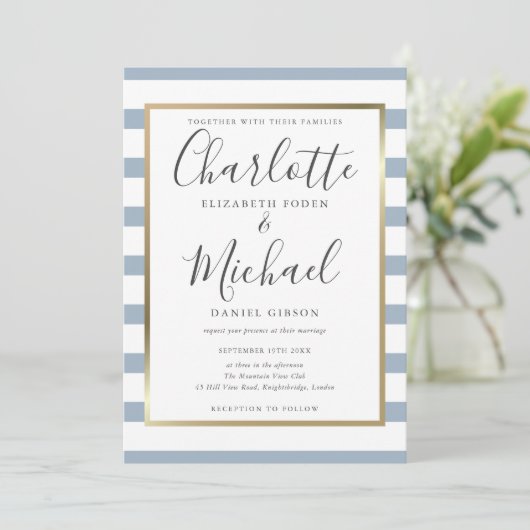 Elegant Dusty Blue Stripe Script Photo Weddenschap Kaart (Staand voorkant)
