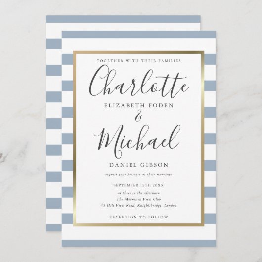 Elegant Dusty Blue Stripe Script Weddenschap Kaart (Voorkant / Achterkant)