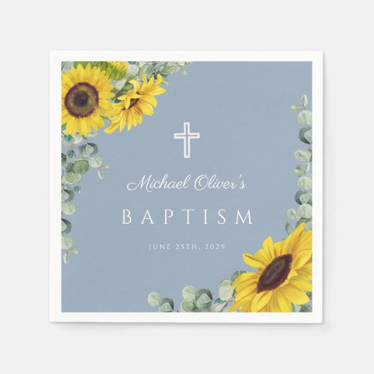 Elegant Dusty Blue Sunflower Religieus baptisme Servet (Voorkant)