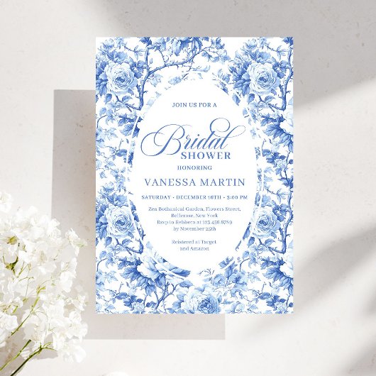 Elegant Dusty Blue Toile de Jouy Bridal Shower  Kaart