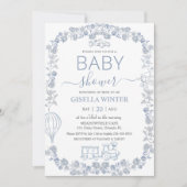 Elegant Dusty Blue Toile Floral Boy Baby Shower  Kaart (Voorkant)