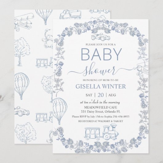 Elegant Dusty Blue Toile Floral Boy Baby Shower  Kaart (Voorkant / Achterkant)