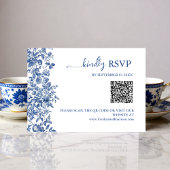 Elegant Dusty Blue Toile QR Code Wedding RSVP Kaartje