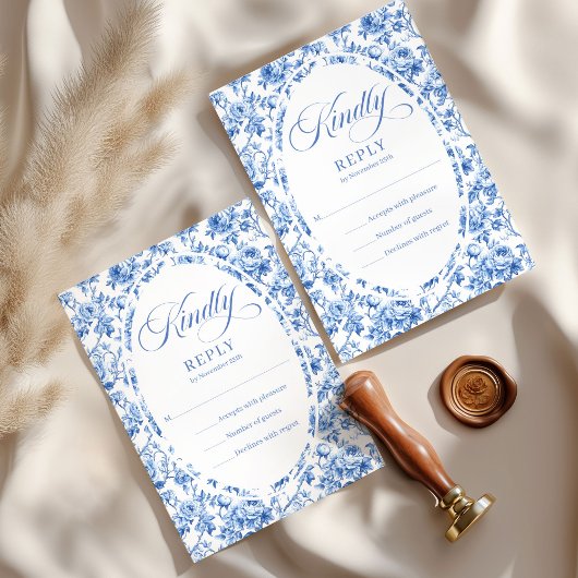 Elegant Dusty Blue Toile Roses Wedding RSVP Set